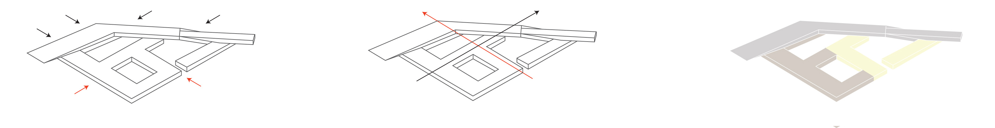 Isometric schemes — Continuous vs open Facade, Main Circulation Axes, Division of Functions